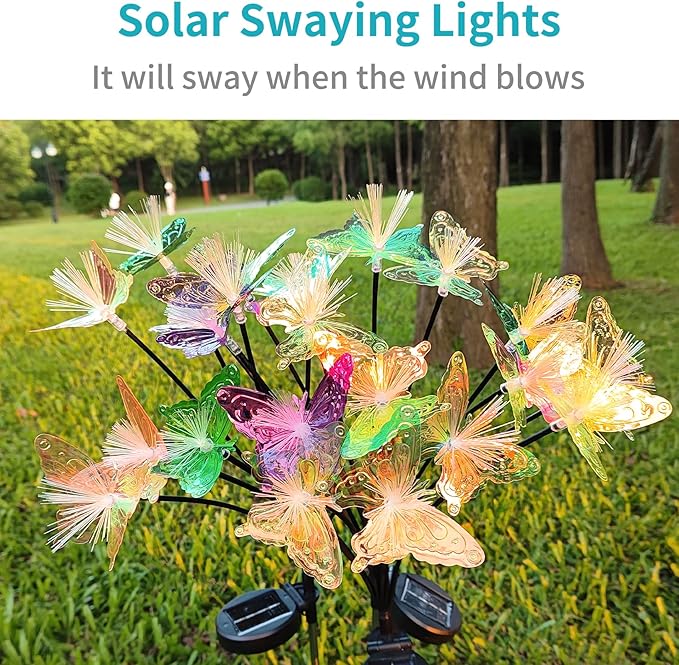 JJGoo 2 Pack Solar Garden Lights, Solar Butterfly Swaying Light for Outside, New Upgraded Outdoor Waterproof Light for Garden Patio Yard Front Porch Decor