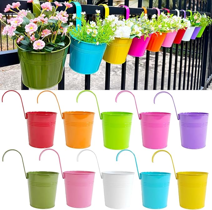 6 Inch Hanging Planters for Outdoor Plants, 10 Pack Metal Railing Planter, Rail Balcony Fence Flower Pot with Detachable Hooks, Colorful Garden Decor