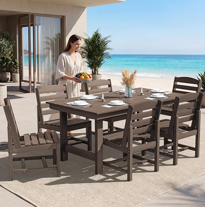 SERWALL Patio Dining Sets for 6 Person, HDPE Dining Set with 6 Armless Chairs, Coffee