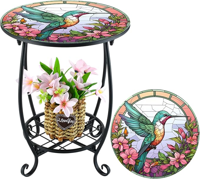 Outdoor Side Table Round Small Mosaic Patio Accent Indoor End Plant Metal Coffee Tea Table for Yard Porch Garden Patio Living Room, Bedroom(Hummingbird Style,14 Inch)