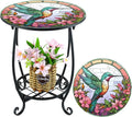 Outdoor Side Table Round Small Mosaic Patio Accent Indoor End Plant Metal Coffee Tea Table for Yard Porch Garden Patio Living Room, Bedroom(Hummingbird Style,14 Inch)