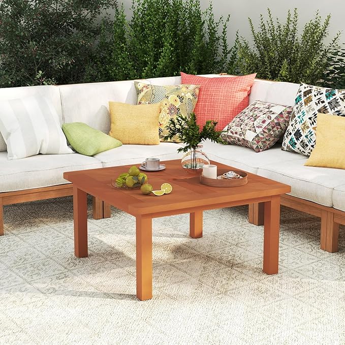 Tangkula Patio Coffee Table with Umbrella Hole, 35.5 Inches Outdoor Solid Square Wood Side Table with Slatted Tabletop & Teak Oil Finish, for Yard, Balcony, Deck