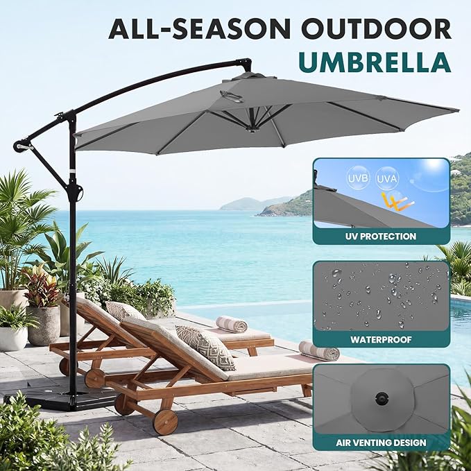 OLIXIS 9.7FT Offset Patio Umbrella with Base, Cantilever Table Umbrellas for Outdoor Sun Shade UV Protection with Easy Tilt Adjustment, 8 Ribs for Backyard, Lawn, Garden, Pool - Grey