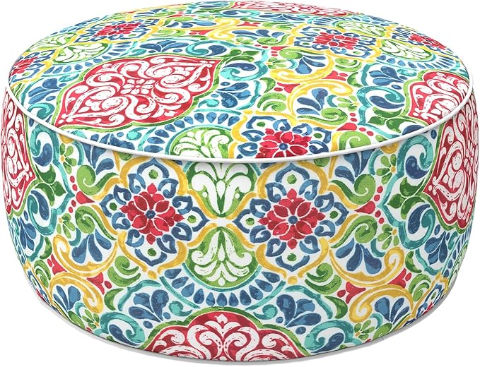 LVTXIII Indoor/Outdoor Inflatable Ottoman with Handle D21 x H9 Inch, Weather-Resistant Round Footstool Pouf for Patio Camping Living Room, Portable Footrest Extra Seating, Damask Red