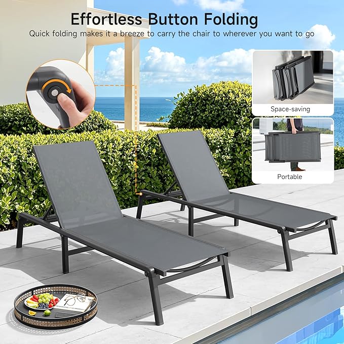 ONBRILL Aluminum Chaise Lounge Chair Outdoor, Foldable & Assembly Free Outdoor Lounge Chair with 5 Position Adjustable Backrest, Patio Pool Lounge Chairs for Outside Poolside Beach Lawn, 1PC, Grey