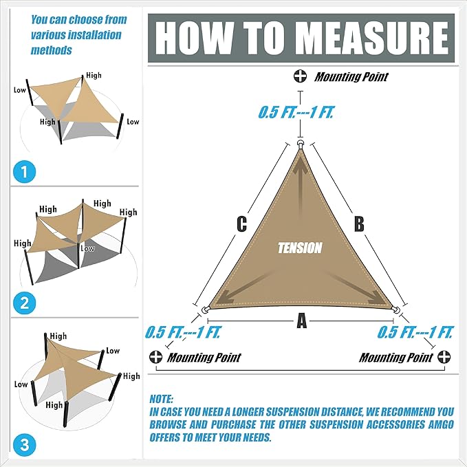 Amgo 14' x 14' x 14' Beige Triangle Sun Shade Sail UPF50+ Canopy Awning AGSLT, 95% UV Blockage, Water & Air Permeable, 200GSM Heavy Duty Commercial and Residential (We Make Custom Sizes)