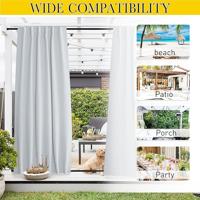 NICETOWN 2 Panels Outdoor Curtains Waterproof Pocket & Back Tab on Top & Bottom, Thermal Insulated Windproof Sun Blocking Outside Privacy Drapes for Patio with Fixed Rope, W84 x L84, Greyish White