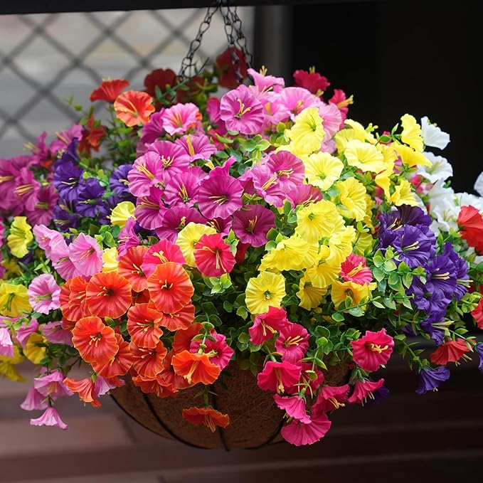 Artificial Flowers for Outdoors, UV Resistant Fake Silk Morning Glory, Realistic Faux Plants for Outside Porch Patio Window Box Hanging Planter (16, Purple Fuchsia Yellow Orange)