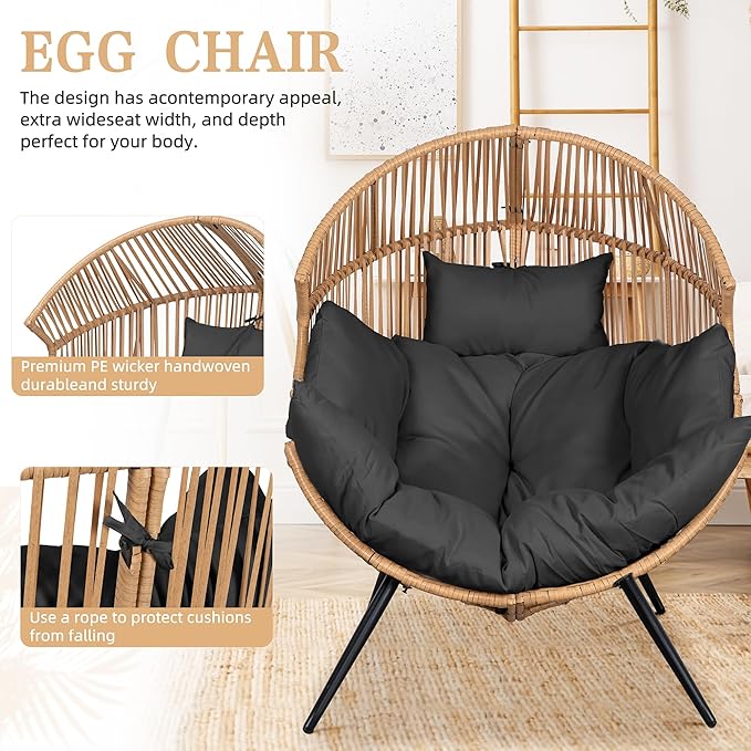 Vongrasig Outdoor Wicker Egg Chair PE Rattan Chair with Cushion, Oversized Patio Lounge Chair for Outdoor, Indoor, Balcony, Backyard, Garden, Black