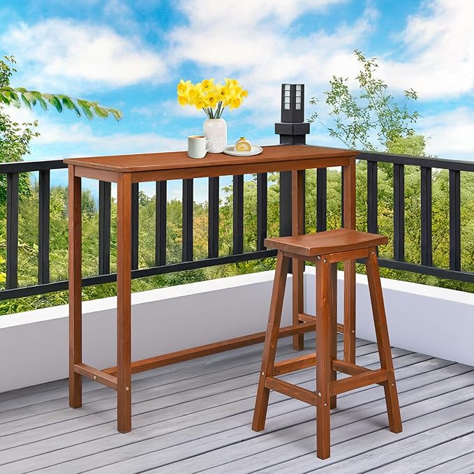 VINGLI Wooden Outdoor Bar Table, Wood Patio Counter Height Table, Weather-Resistant Patio Pub Table for Garden, Balcony, Poolside, Backyard, Indoor Use (Brown, 53")