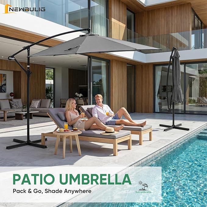 NEWBULIG 10FT Patio Umbrella, Offset Cantilever Outdoor Patio Table Umbrella, UV Protection, Fade Resistant Fabric, Easy Tilt Adjustment for Pool, Deck, Garden, Backyard