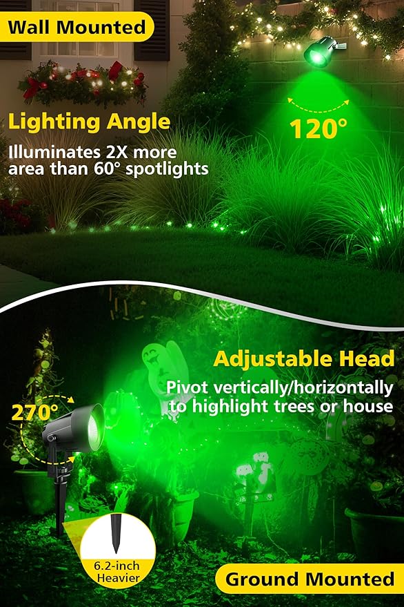 T-SUN Green Spotlight Outdoor, Waterproof LED Landscape Lighting with US Plug, Easy Install 270° Adjustable Outdoor Spot Lights for Garden Tree Yard Decor