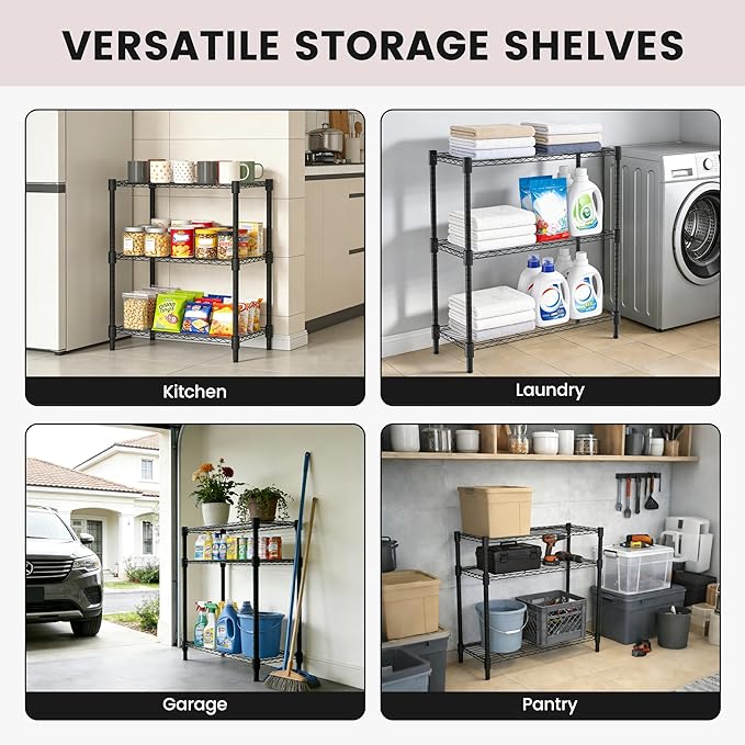 Xcity Storage Shelves, 3 Tier Heavy Duty Metal Shelving Unit, 1200 LBS Capacity Adjustable Steel Wire Shelf Organizer for Pantry, Kitchen, Garage, 14" D x 36" W x 36" H, Black