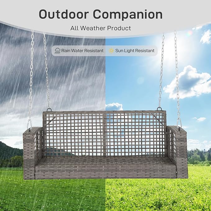 Outvita Porch Swing, 4FT Hanging Outdoor Porch Swings for Adults, Wicker 2 Person Patio Swing, with Cushion, Pillow and Chain for Garden, Backyard, Weight Capacity - 800lbs