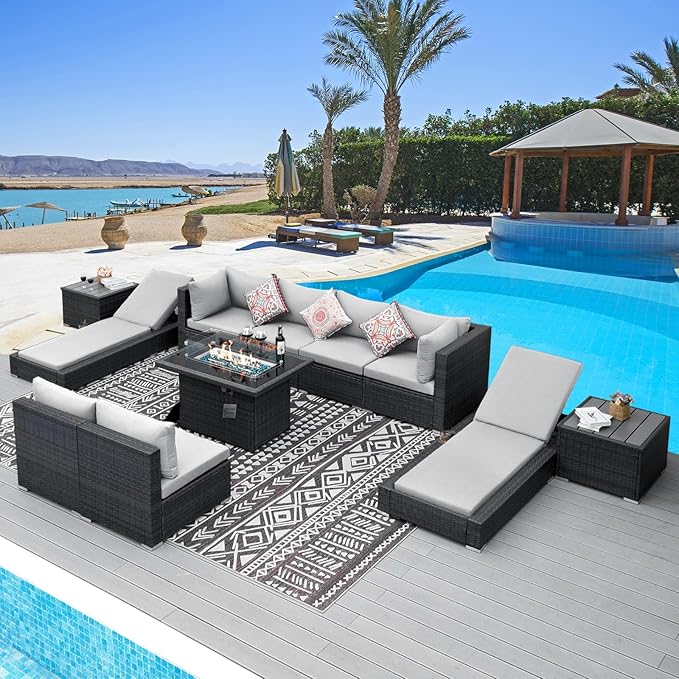 NICESOUL 11 Piece Outdoor Patio Furniture Set with Fire Pit Natural Gas/Propane, 29.3'' High Back Comfy Wicker Patio Sectional with Firepit & Chaise Lounge, 8 Seats Big Deep Couch for Backyard, Grey
