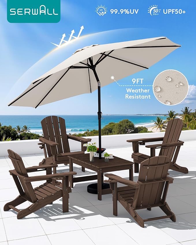 SERWALL Outdoor Coffee Table with 9FT Umbrella, HDPE Patio Coffee Table for Outside, Rectangle, Coffee(Not Include Umbrella Base)