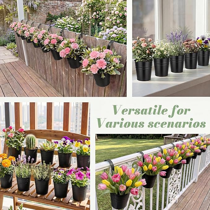 HowRU Hanging Flower Pots, Railing Planter Box for Outdoor Plants 12 Pack 5 Inch Metal Hanging Planters with Detachable Hooks Balcony Window Fence Garden Decoration Flower Boxes (Black)