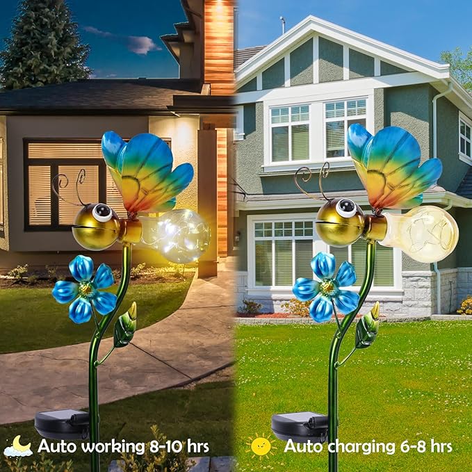 Decorative Solar Lights Outdoor Solar Bee Stake Lights Metal Decorative Garden Lights Outdoor Waterproof Stakes for Pathway Yard Lawn Decoration Mothers Day Mom Gifts
