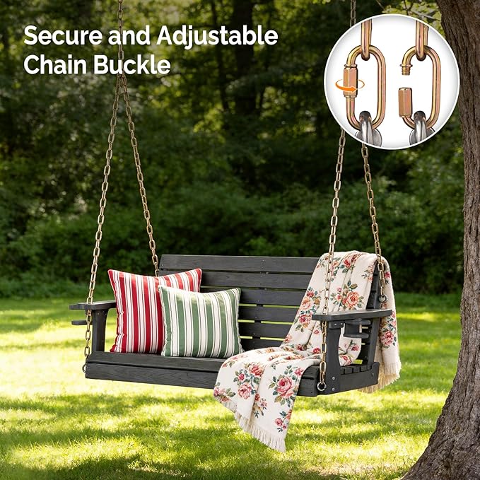 VINGLI Heavy Duty 1600 LBS HDPE Porch Swing Outdoor with Rotatable Cup Holder, 4 FT Patio Bench Swing with Adjustable Chains, 2 Person Hanging Porch Swing Chair for Porch, Yard, Tree, Garden - Grey
