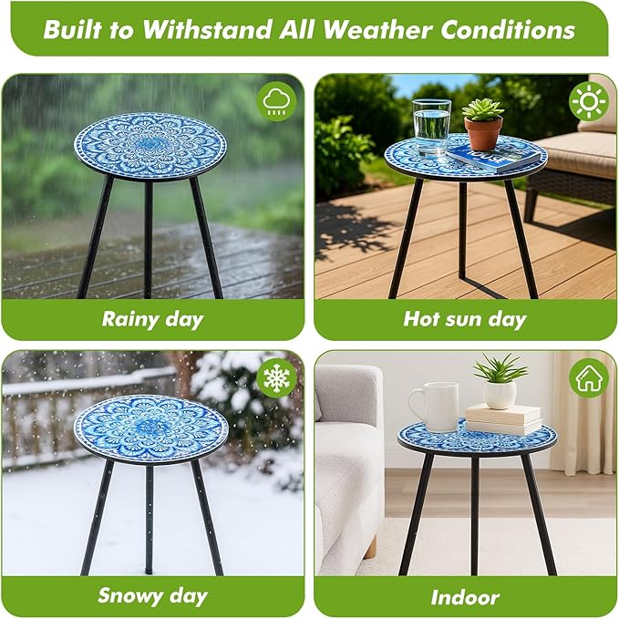 2 Packs Metal Mosaic Round Side Tables 13.4" Small Outdoor Patio Round Accent Coffee Tables Indoor Corner Stand for Small Spaces Weather-Resistant for Balcony, Porch Plant Stands Indoor, Blue Mosaic