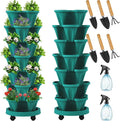 Umigy 2 Set of 7 Tier Vertical Planter Stackable Tower Planters Strawberry Herb Flower and Vegetable Pots Indoor Outdoor Gardening Pots with Removable Wheels and Tools(Green)