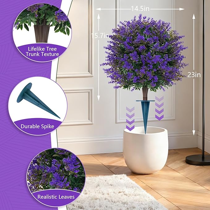 Artificial Lavender Topiary Ball for Outdoors, Set of 2 Boxwood Plant Tree with Spike, Fake Shrubs UV Resistant Faux Plants for Indoor Outdoor Decor