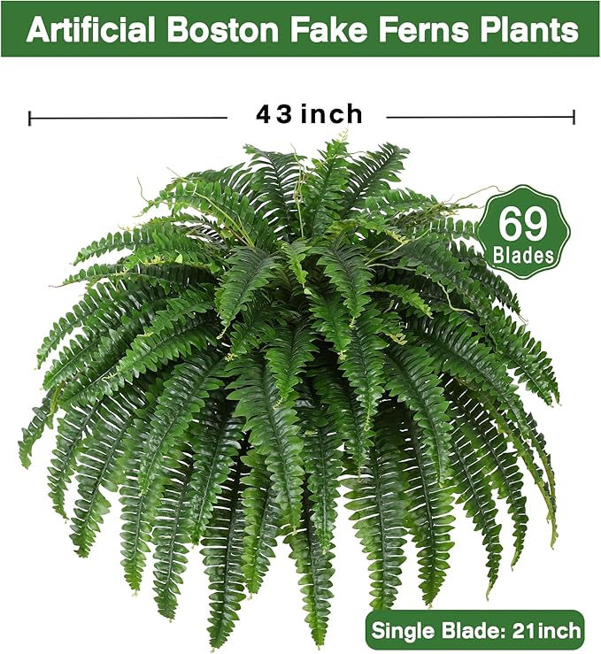 Single Silky Artificial Boston Fern Bush, 43Inch Large Artificial Ferns for Outdoors, Large Faux Ferns Artificial Plants,Suitable for Decorating Office, Living Room Faux Greenery,69Branches