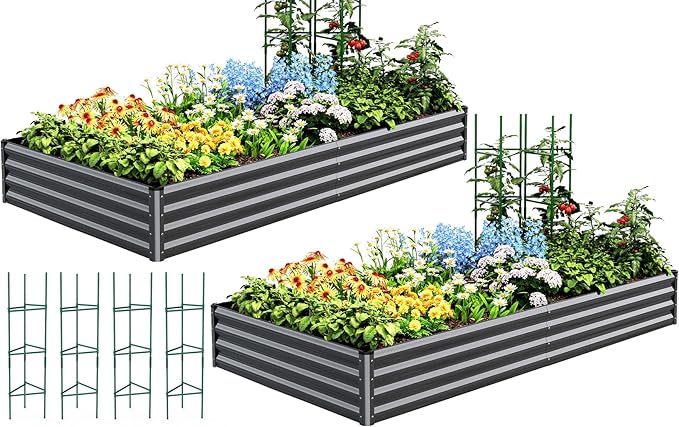 Quictent Galvanized Raised Garden Bed 8x4x1 Ft Metal Planter Box for Vegetables Bottomless for Backyard, 2 Tomato Cages Included, Dark Grey, 2PCS