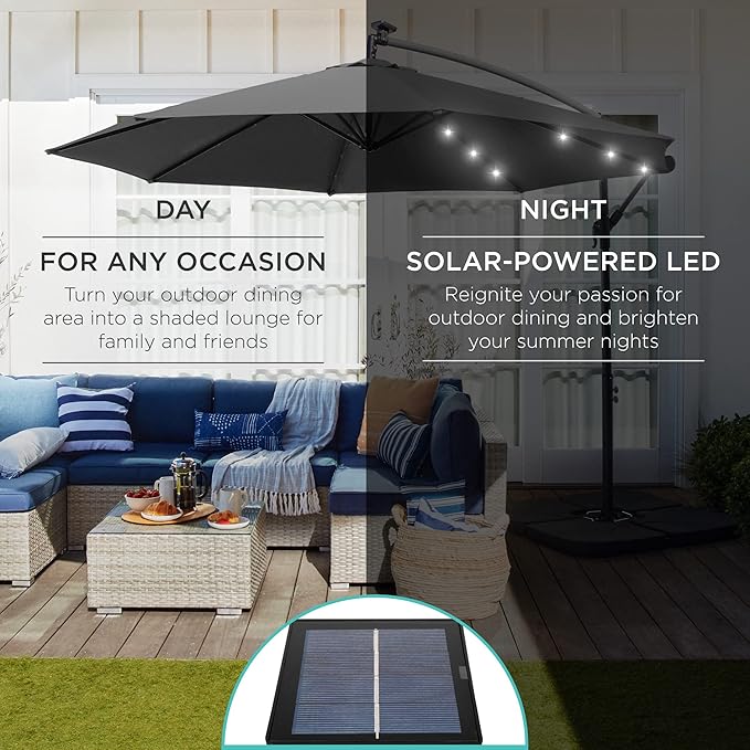 Best Choice Products 10ft Solar LED Offset Cantilever Hanging Market Patio Umbrella, 8 Sturdy Ribs, Easy Adjustment - Gray
