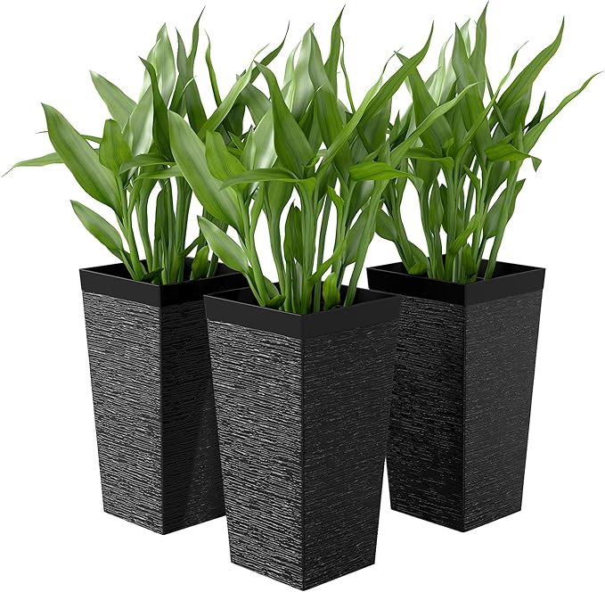 Outsunny 22.8 Inch Tall Planters for Outdoor Plants, Set of 3 Plastic Flower Pots with Stone Finish and Wheels, Stackable Tapered Planters with Drainage Hole for Indoor Plants, Front Porch, Black