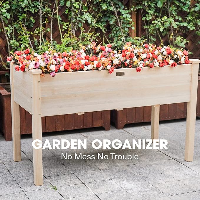 VIVOSUN Elevated Wooden Raised Garden Bed, 48 x 24 x 30 Inches, Outdoor Wood Planter Box w Bed Liner and Gloves for Garden, Patio, Balcony, Backyard and Outdoors, 220-Pound Capacity