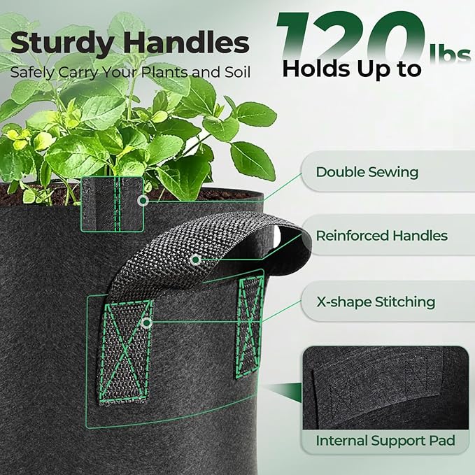 T4U 5 Gallon Grow Bags, Upgrade Grow Bags with Handles, Heavy Duty Thickened Nonwoven Fabric Pots, 5 Gallon Pots for Plants, Strawberry, Cherry Tomatoes (10 Pack)