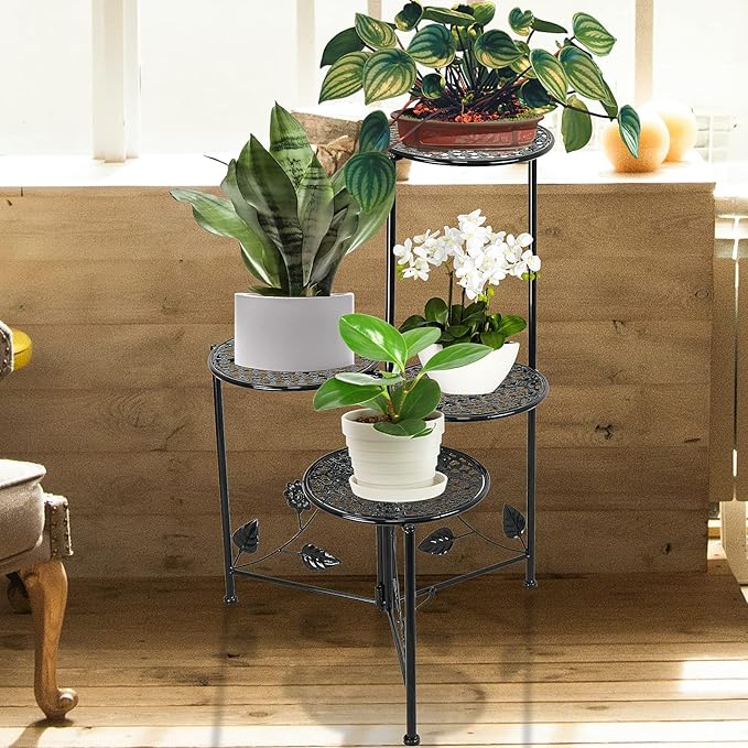 Plant Stand Indoor Outdoor, 3/4 Tier 30" Tall Metal Flower Pot Holder Shelves for Multiple Plants, Multi Tiered Planter Rack Display Shelf for Patio Garden Living Room Corner(Black)