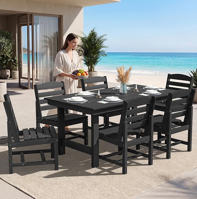 SERWALL Patio Dining Sets for 6 Person, HDPE Dining Set with 6 Armless Chairs, Black