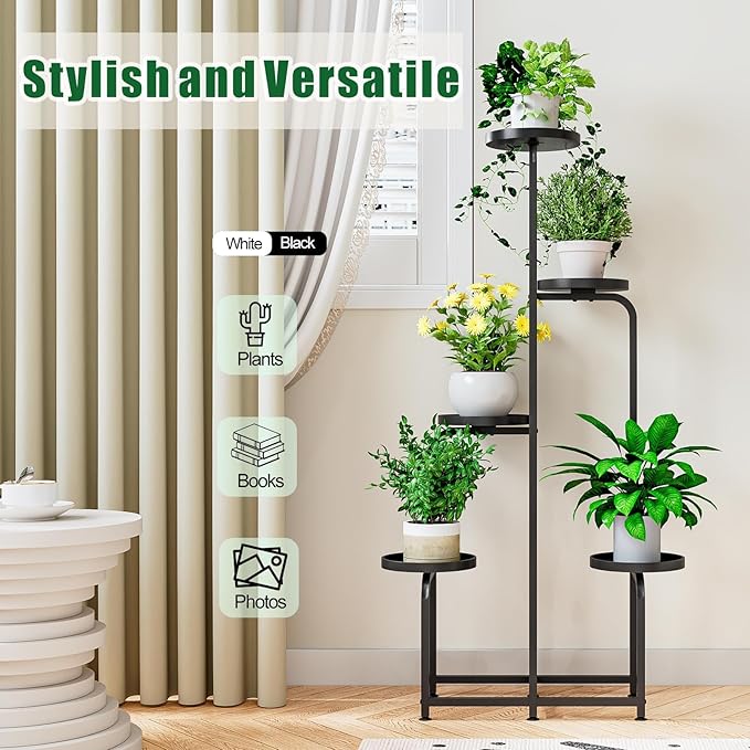 Plant Stand Indoor Outdoor 5 Tier Metal Plant Shelf for Multiple Plants Corner Flower Holders for Living Room Balcony Bedroom Patio Garden, Black (Black, 5-Tier)