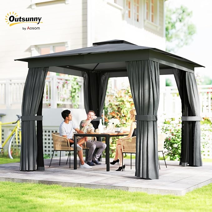 Outsunny 10' x 10' Outdoor Patio Gazebo, Heavy Duty Gazebo Canopy Shelter with Double Roof, Curtains, Netting, Steel Frame, UPF30+ Protection, Ceiling Hook for Lawn, Backyard, Deck, Dark Gray