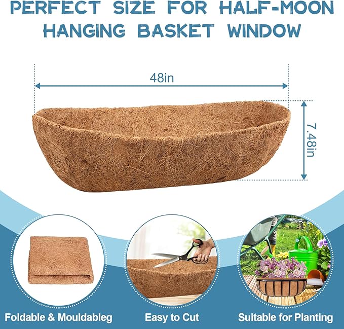 Riare 2 Pack 48 Inch Trough Coco Coir Liners for Planters, Pre-Formed Coconut Coir Replacement Liner Natural Coco Fiber Window Box Liners for Wall Planter, Window Basket Deck Railing Planter