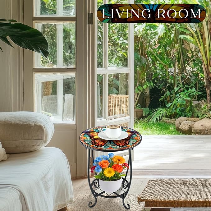 Outdoor Side Table Round Small Mosaic Patio Accent Indoor End Plant Coffee Tea Table for Yard Patio Porch Garden Living Room, Bedroom(Butterfly B Style,12 Inch)