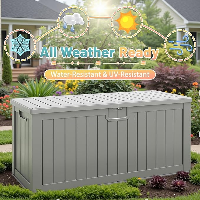 Patiowell 240 Gallon Large Outdoor Storage Box, Waterproof Deck Box with Fixed Divider, Lockable and Durable Patio Storage Solution for Patio Furniture and Garden Tools (Grey)