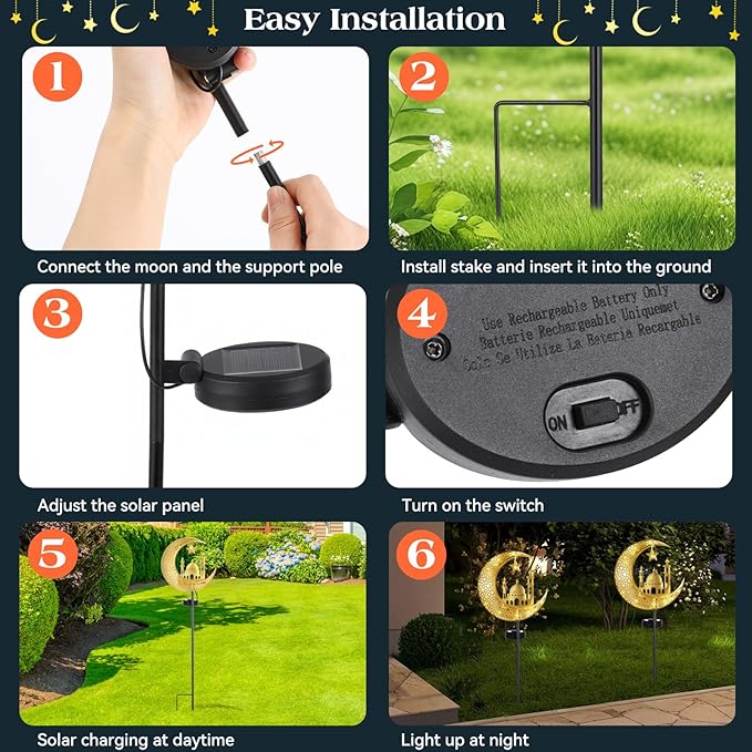 Lewondr 2Pcs Ramadan Solar Lights, Ramadan Decorations Outdoor, Metal Yard Signs LED Eid Decorations Mubarak Star Moon Castle, Waterproof Solar Garden Stakes Lights for Walkway Lawn Patio
