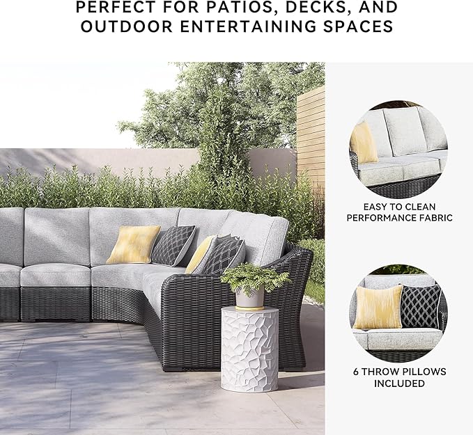 Signature Design by Ashley Beachcroft Curved Modern 5-Piece Outdoor Sectional with Cushion and 6 Throw Pillows, Light Gray