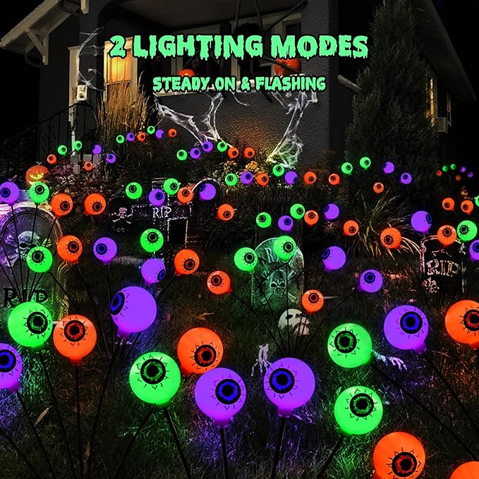BrizLabs 6 Pack 36 LED Halloween Solar Eyeball Lights, 2 Modes Outdoor Halloween Pathway Lights, Solar Spooky Path Light Waterproof, Swaying Firefly Light for Yard Garden Lawn, Orange & Purple & Green