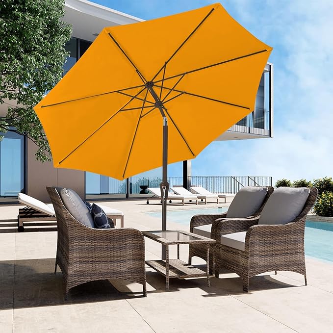 JEAREY 9FT Outdoor Patio Umbrella Outdoor Table Umbrellas with Push Button Tilt and Crank, Market Umbrella 8 Sturdy Ribs UV Protection Waterproof for Garden, Deck, Backyard, Pool (Sun Orange)