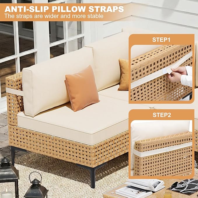 ABCASA Patio Furniture Set, 5-Piece Wicker Outdoor Patio Furniture Sets with Anti-Slip Cushions & Coffee Table,Boho Patio Conversation Set Sectional Sofa for Backyard,Porch,Beige