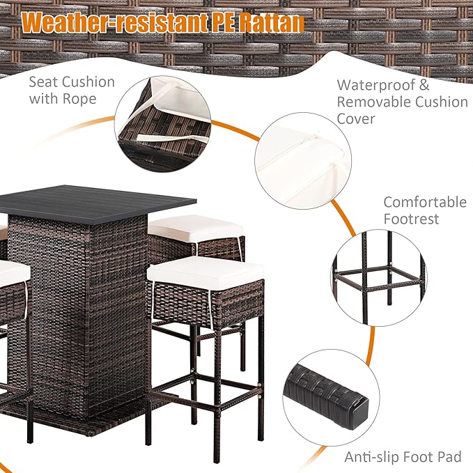 Tangkula 5 Piece Outdoor Rattan Bar Set, Patio Bar Furniture with 4 Cushions Stools and Smooth Top Table with Hidden Storage Shelf, Outdoor Conversation Set for Poolside, Backyard, Lawn