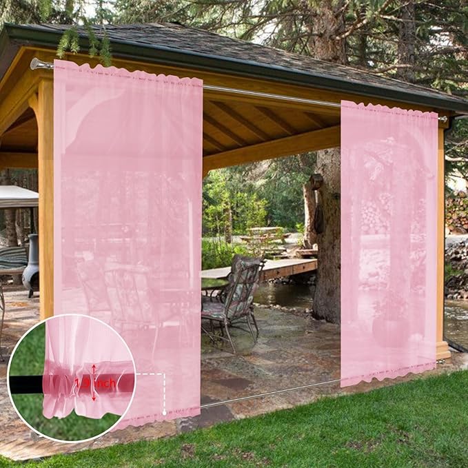SpaceDresser Waterproof Outdoor Sheer Curtains for Patio - 2 Panels Rod Pocket Indoor Voile Sheer Curtain for Living Room,52W x 96L inch, Light Pink