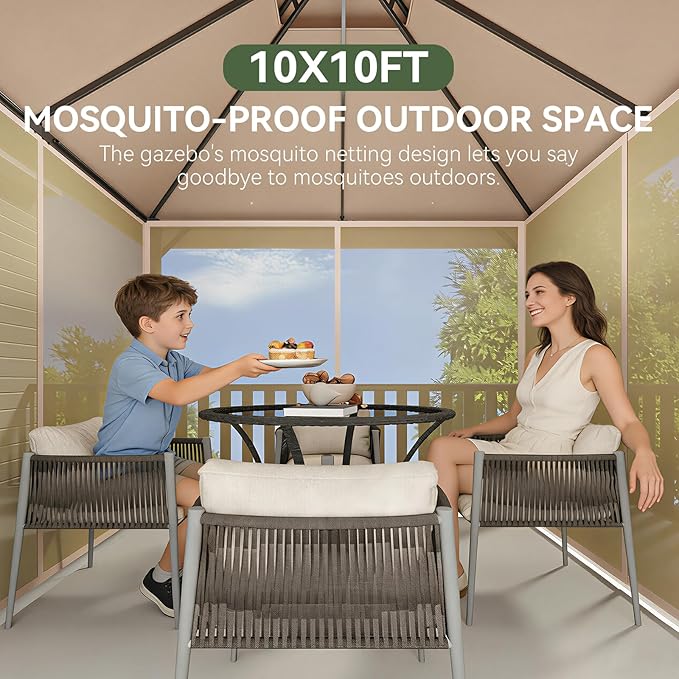 Aoxun 10x10 Outdoor Gazebo with 50FT LED Hanging Lights Metal Frame Canopy with Double Roofs Heavy Duty Party Tent Shelter with Mosquito Netting and Privacy Screen for Backyard, Lawn, Garden(Khaki)