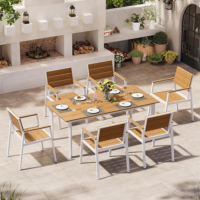 67"*32.3"*29.5" Patio Dining Table, Seamless Rectangle Aluminum + HDPS Outdoor Patio Dining Table with Umbrella Hole, Weather-Resistant for Lawn, Garden, Yard and Indoor Use (White & Teak)
