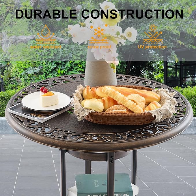 Outdoor Bar Height Table, 31.5" Round Cast Aluminum Patio Pub Table with Umbrella Hole, All-Weather Design for Deck/Garden/Poolside (Bronze)
