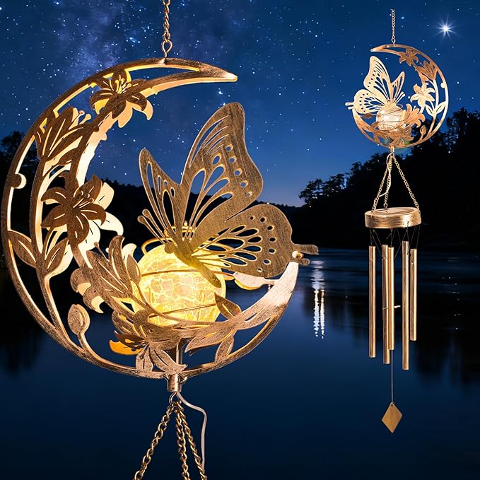 Butterfly Wind Chime for Outside - Elegant Moon & Floral Design, Handmade Aluminum Wind Chimes for Garden/Lawn, Soothing Porch Bells, Perfect Mother's Day/Birthday Gift for Women Butterfly Collectors